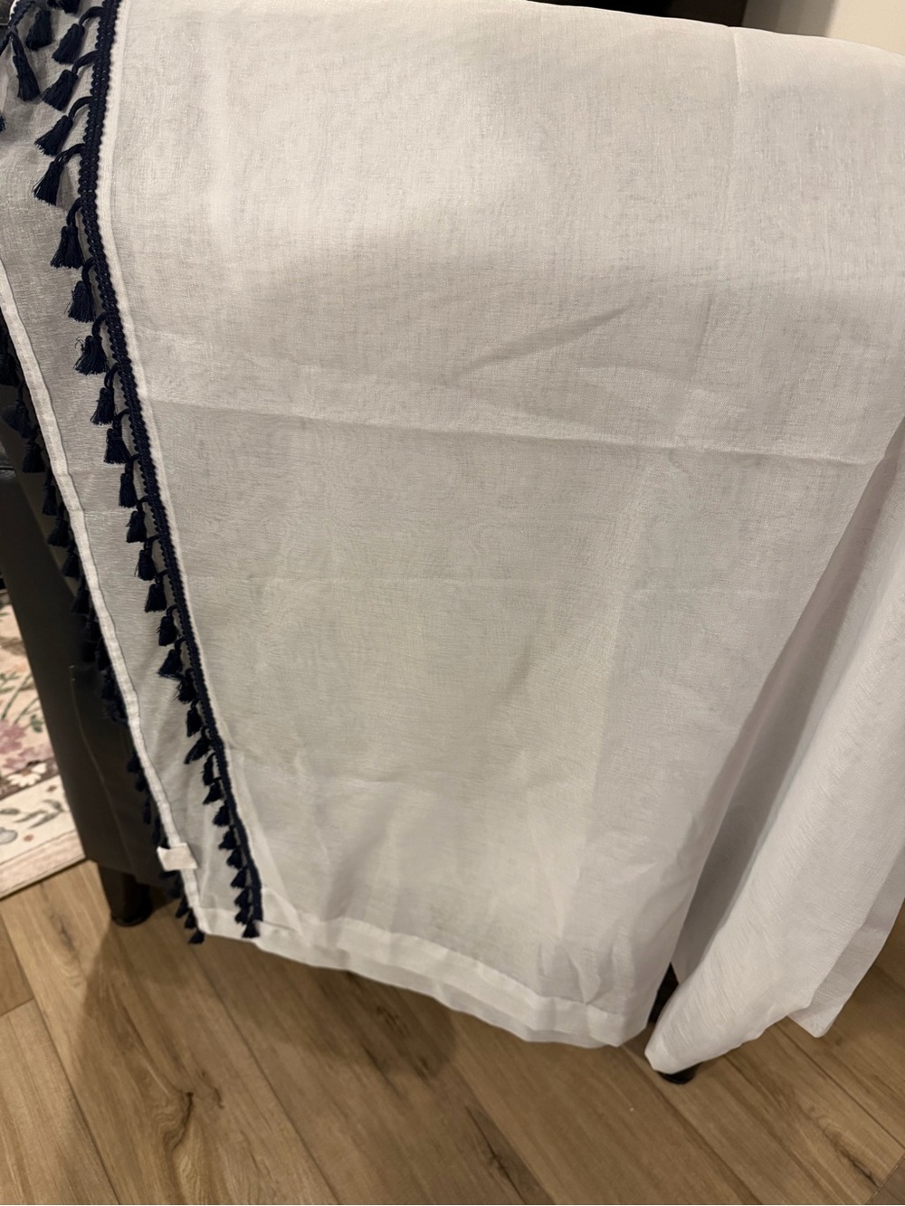 White Linen-Look Curtain Panels with Navy Tassel Trim (set of 2panels)